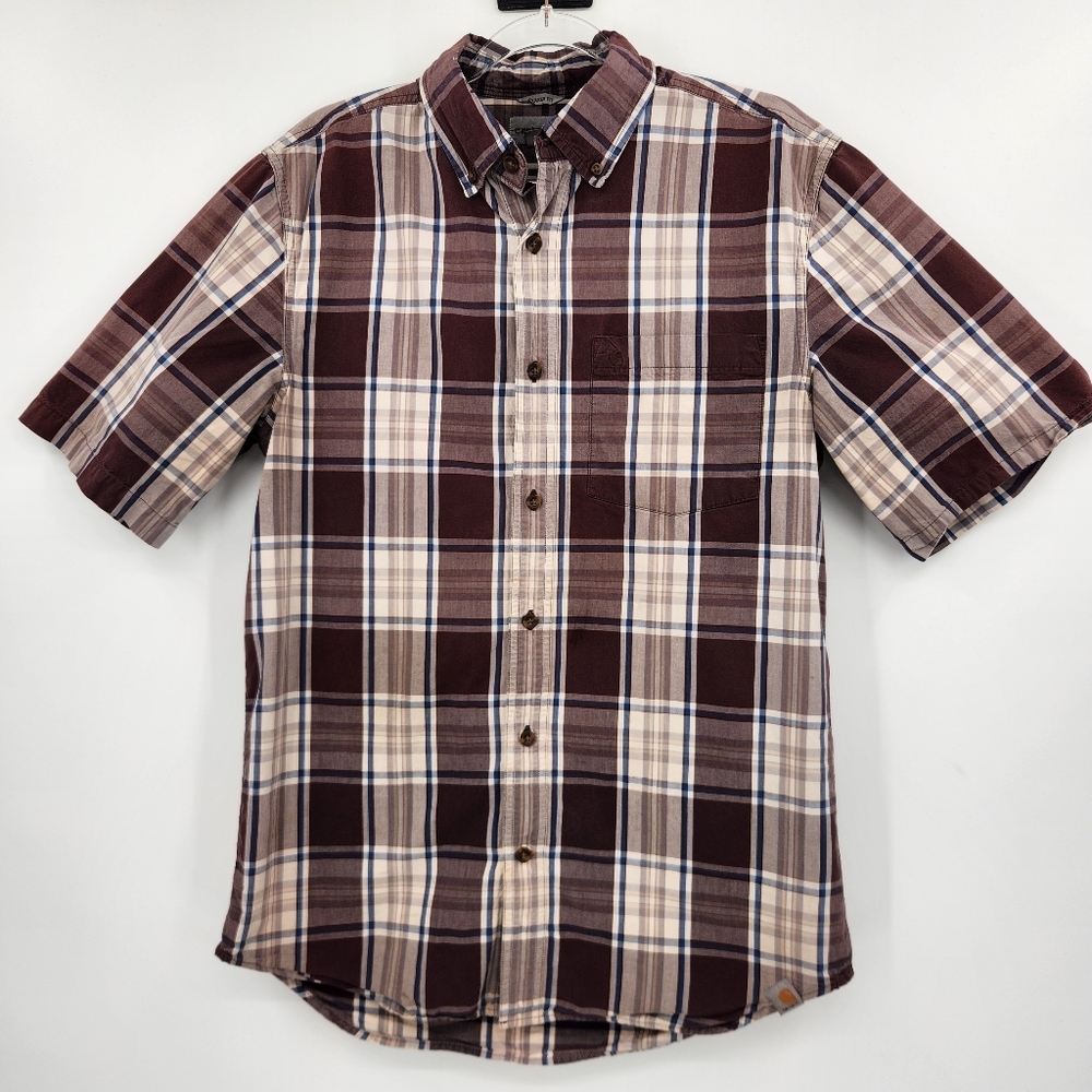 Carhartt Short Sleeve Button Front Shirt Mens Size XL Tan Plaid Relaxed Fit
